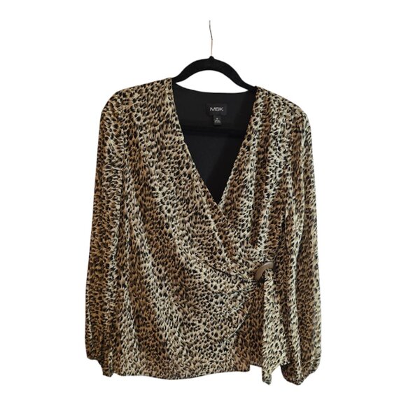 MSK LEOPARD PRINT WRAP BLOUSE SIZE MEDIUM SIDE ZIP V NECKLINE LONG SLEEVE - Picture 1 of 8